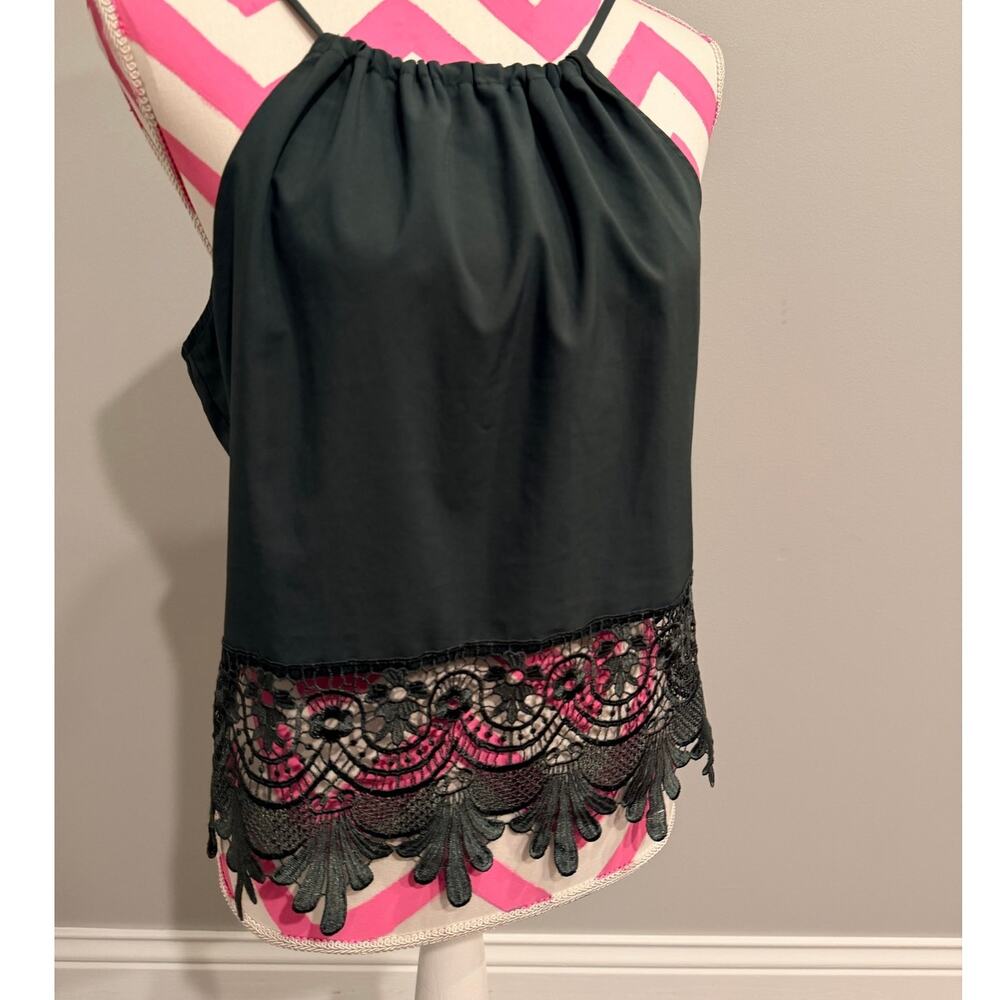 The Vintage Shop Chiffon Feel Halter Tank Floral Lace Bottom Dark Green Sz Large